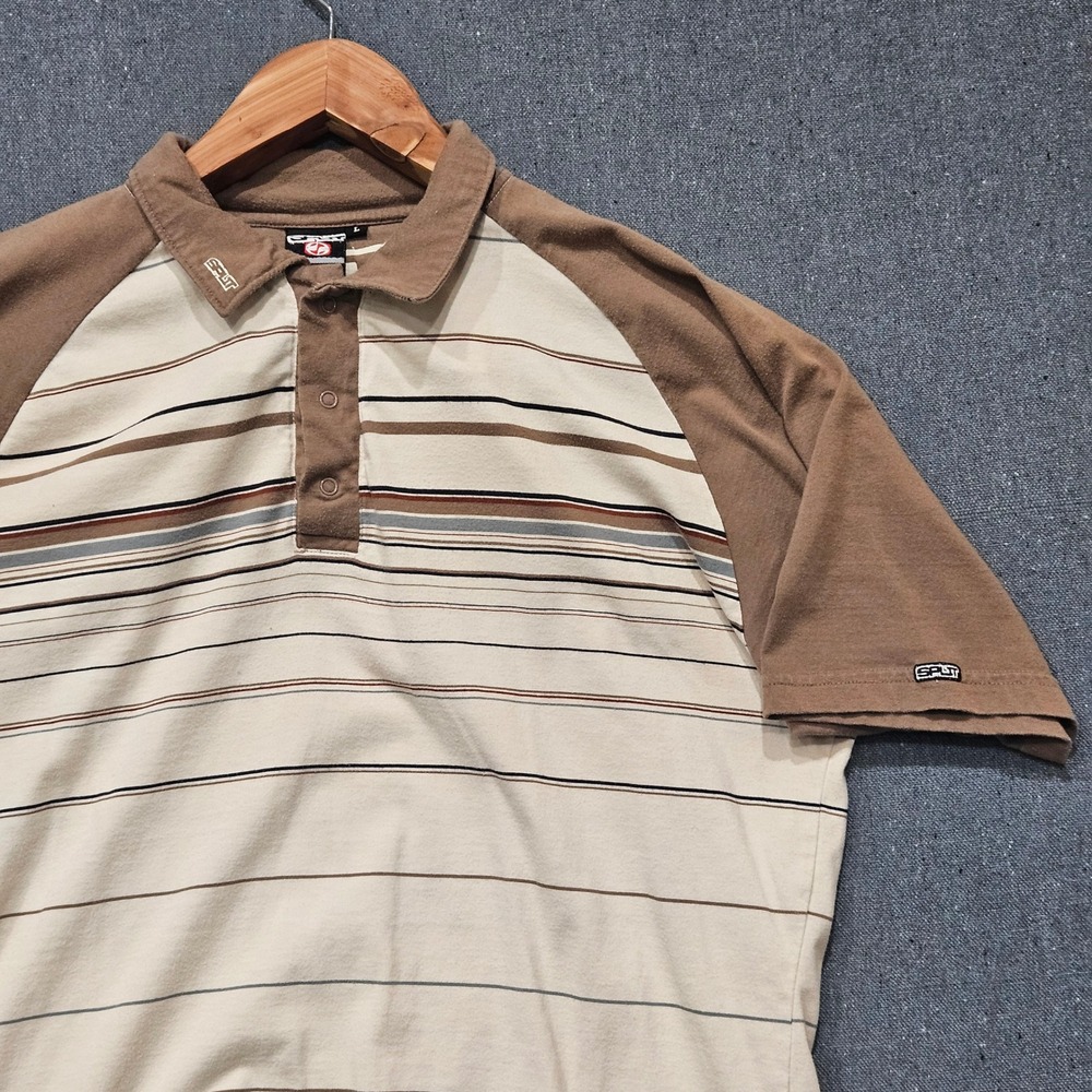 Split Skater Polo Shirt Mens Large Brown Cream Striped Raglan Y2K Streetwear